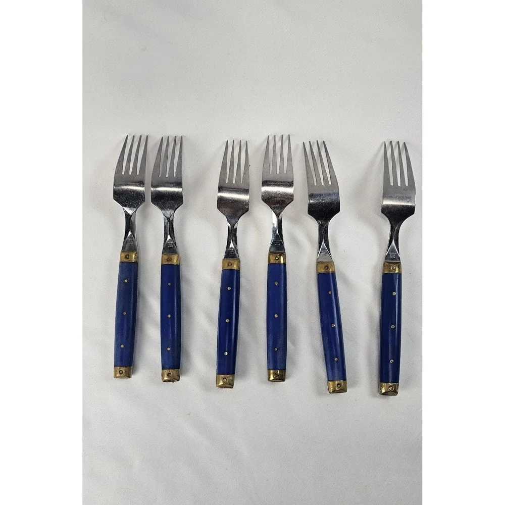 Vintage Japan Fork Set Blue‎ Handle Brass Rivet Melron Style Bistro 6pc